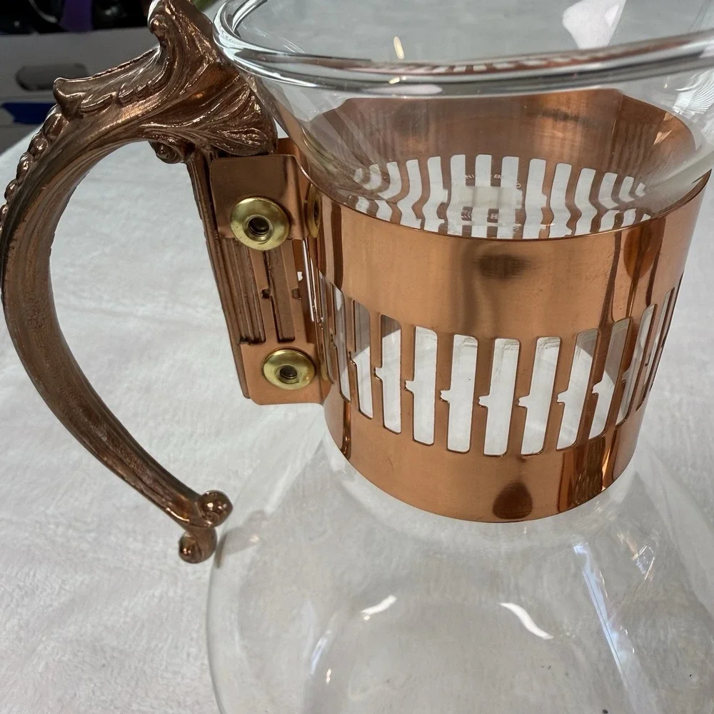 Vintage Corning Heat Proof Glass Carafe Pot with Copper Warmer Stand MCM 8 Cup
